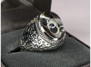 Fabulous Sterling Silver / 925 Vintage Style Dome Ring With Large Rutilated Quartz - Fantastic Ring !