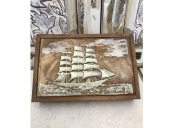Vintage Jewelry Box With Carved Ship Lid