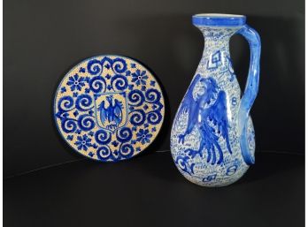 A Handpainted Spanish Plate And Pitcher
