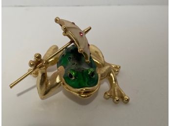 Vintage Enameled And Jeweled Green Frog Hinged Trinket Box