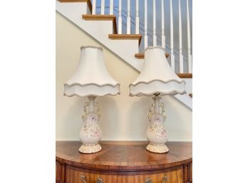 Vintage Floral Motif Porcelain Gilt Table Lamps- A Pair
