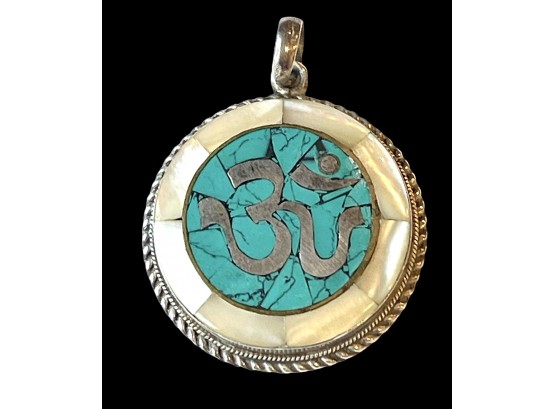 Tibetan Gao Turquoise MOP Large Round Sterling Silver Pendant For Necklace