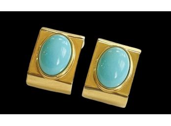 18k Gold French Clip Sleeping Beauty Turquoise Gold Earrings