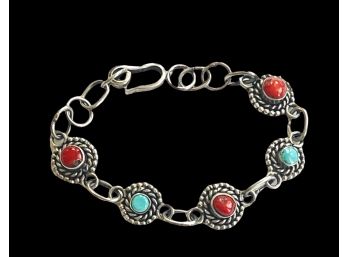 Sterling Silver Red Coral And Turquoise Link Bracelet