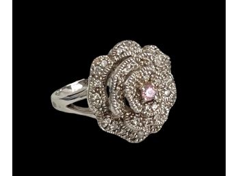 Sterling Silver Flower Pink And Clear CZ Stone Ring