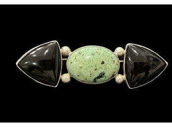 Vintage Sterling Silver Green Healerite And Onyx Brooch Pin
