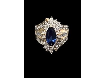 Large Blue Marquis Sapphire And Multiple White Sapphire Gemstone 10kt Yellow Gold Ring