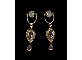 Vintage Sterling Silver Drop Dangle Post Moonstone And Garnet Hanging Earrings
