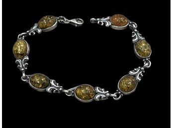 Baltic Green Amber Cabochon Stones In Sterling Silver Link Bracelet