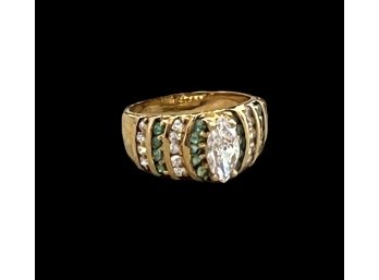 Sterling Silver Gold Vermeil With Green And Clear Stones Band Ring