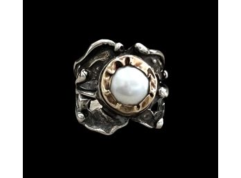Brutalist Sterling Silver  And 14kt Gold Pearl Ring From Israel
