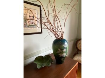 Belleek Willets Handpainted Green Vase & Fluted Leaf Bowl