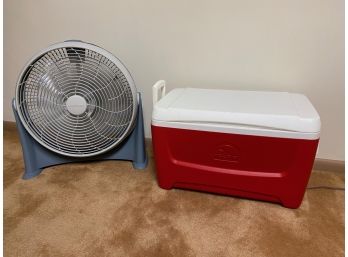 Lakewood Oscillating Fan & Large Red Igloo Cooler
