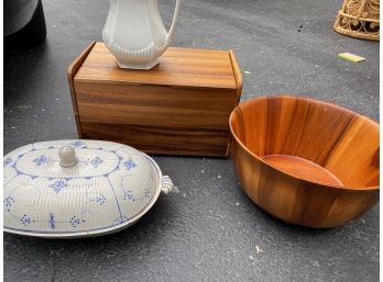 Miscellanous Kitchen Items Including Adams & Sons Ironstone Pitcher, Wood Salad Bowl Bread Box Etc. (Lot Of 4)