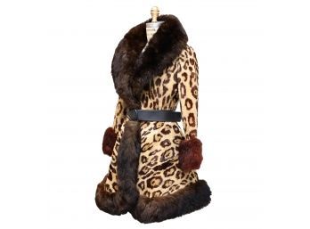 Vintage Mid Century Cuddle Coat New York Shawl Collar Fur Trimmed Leopard Belted Coat