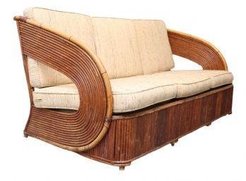 Vintage Possibly Paul Frankl Curved Rattan 16-Strand 3-Cushion Sofa