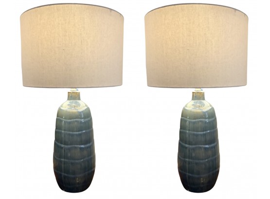Gorgeous Pair Of Dusty Blue Glazed Ceramic Table Lamps With Cream Linen Drum Shade