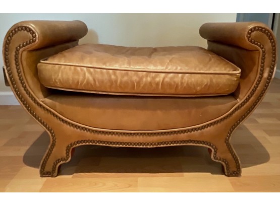 Leather Upholstered Roll Arm Bench Seat With Nailhead Detail
