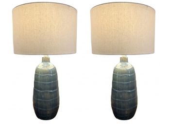 Gorgeous Pair Of Dusty Blue Glazed Ceramic Table Lamps With Cream Linen Drum Shade