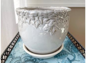 Embossed Glazed Ceramic Planter With Plate Liner