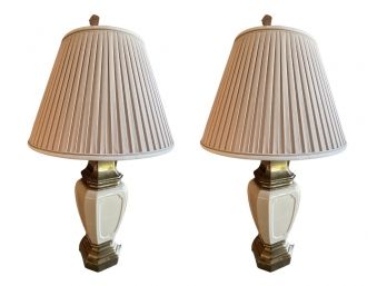 Pair Of Vintage Inspired Ceramic And Brass Lamps With Pleated Fabric Shade