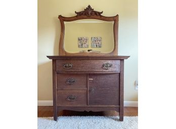 Vintage Early Farmhouse Solid Hardwood Vanity / Dresser With Attached Beveled Mirror