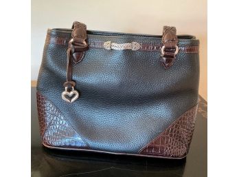 Genuine Pebble Grain Leather Handbag With Reptile Print Accents And Silvertone Hardware
