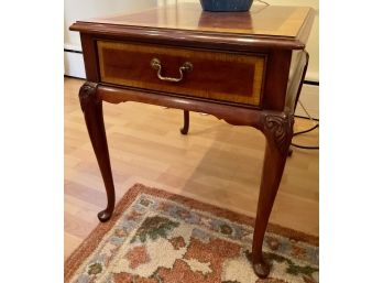 Queen Anne Inspired Mahogany End Table With Cabriole Legs And Mixed Hardwood Inlay