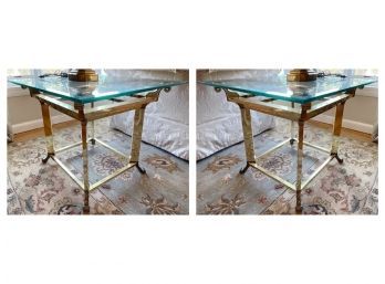 Mid-Century Beveled Glass End Table With Beautiful Brass Base - Pair