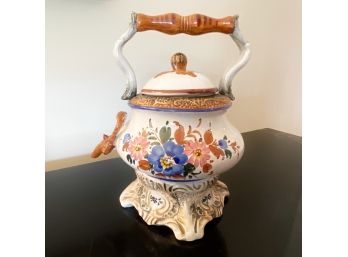 Painted Italian Porcelain Vintage Pot With Handle And Pedestal Base