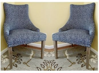 Pair Of Button Tufted Navy Blue Dot Upholstered Sling Chairs With Nailhead Detail