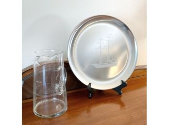 Nautical Theme Silver Tone Serving Tray And Complimenting Etched Glass Pitcher