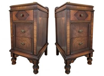 Joerns Brothers Circa 1920's Antique 3-drawer Night Stand Solid Mahogany And Hardwood Veneer Inlay - Pair