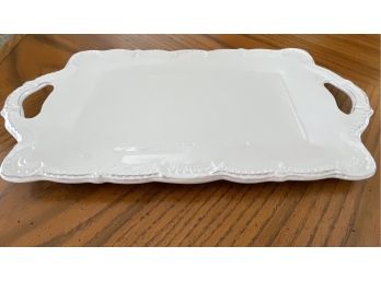 White Glazed Ceramic Scalloped Edge Serving Tray With Handles