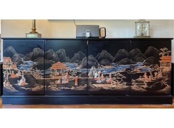 Black Lacquer Chinoiserie Sideboard / Storage Cabinet
