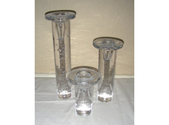 Set Of 3 Blown Glass Candlesticks In Graduated Sizes
