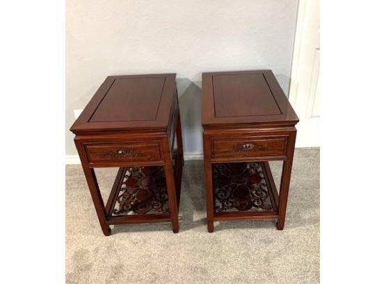 Pair Of Rosewood Asian Influence Side Tables With Drawers With Glass Tops