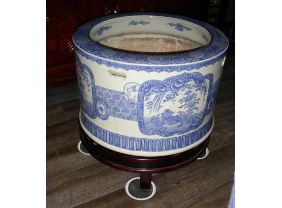 Oriental Blue And White Hibatchi On Custom Wood Stand