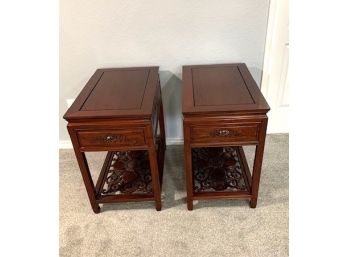 Pair Of Rosewood Asian Influence Side Tables With Drawers With Glass Tops