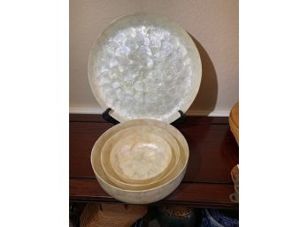 Set: Capiz Shell  (Windowpane Oyster) Round Platter And 3 Nesting Bowls