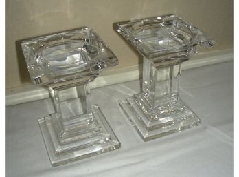 Pair Of Glass Candlesticks With Square Stepped Bases