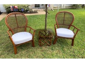 Pair Of Rattan Arm Chairs With Glass Top Table