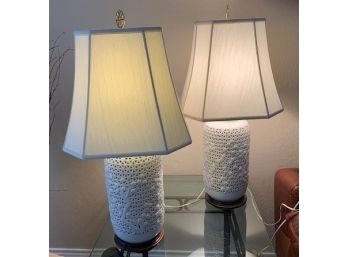Pair Of Blanc De Chine Large Scale Reticulated White Ceramic Table Lamps