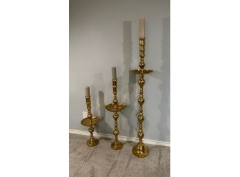 Set Of Three Tall, Brass, Graduated Candlesticks