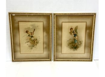 Two Vintage Framed Fairy Nymph Illustrations Signed