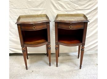 Pair Quality Marble Top Side Tables  Brass Galleries And Pull Out  Slides