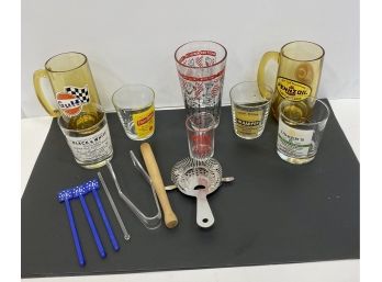 Vintage Barware And Glasses Including Penzoil Gulf