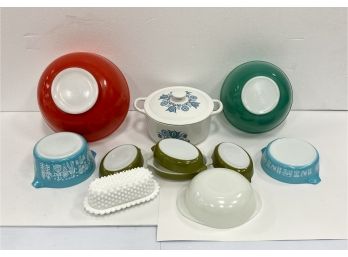 Vintage Pyrex Together With Milk Glass Butter And Covered PRIZER WARE Enamel Casserole