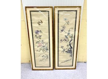 Pair Large Framed Chinese Silk Embroideries