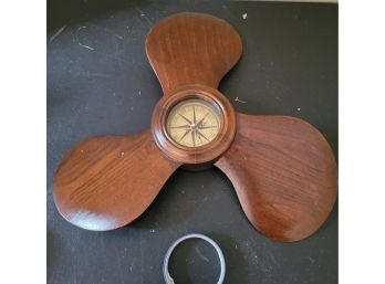 Wood Propeller Clock With Compass Inlay
